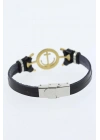 MuI MuI Gold Renk Deniz Çapası Figürlü Metal Aksesuarlı Siyah Renk Deri Erkek Bileklik