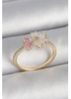 MuI MuI Pirinç Gold Renk Beyaz Mineli Pembe Zirkon Taşlı Çiçek Model Kadın Yüzük