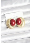 MuI MuI Pirinç Gold Renk Bordo Boncuklu Oval Vintage Kadın Küpe