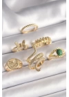 MuI MuI Pirinç Gold Renk İşlemeli Yılan Model Kelebek Detay 6Lı Kadın Yüzük Seti