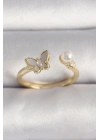 MuI MuI Pirinç Gold Renk Zirkon Taş Detaylı Beyaz Mineli Kelebek Model İnci Detay Ayarlanabilir Yüzük