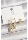 MuI MuI Pirinç Gold Renk Zirkon Taşlı Baget Halka Model 3Lü Kadın Kombin Küpe