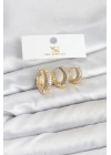 MuI MuI Pirinç Gold Renk Zirkon Taşlı Halka Model YSX Trio Küpe Seti
