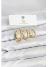MuI MuI Pirinç Gold Renk Zirkon Taşlı Halka Model YSX Trio Küpe Seti
