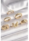 MuI MuI Pirinç Gold Renk Zirkon Taşlı İşleme Detaylı Kelebek Figürlü 6Lı Kadın Yüzük Seti