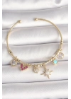 MuI MuI Pirinç Gold Renk Zirkon Taşlı Sallantı Kutup Yıldız Figür İnci Detay Charm Kadın Bileklik