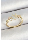 MuI MuI Pirinç Yaprak Figürlü Zirkon Taşlı Gold Renk Ayarlanabilir Kadın Yüzük