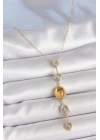 MuI MuI Pirinç Zincir Kehribar Sarı Gold Renk  Zirkon Taşlı Y Kolye