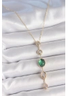 MuI MuI Pirinç Zincir Zümrüt Yeşil Gold Renk Zirkon Taşlı Y Kolye
