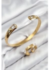MuI MuI Pirinç Zirkon Taşlı Ayrık Model Gold Renk Bileklik Yüzük Set
