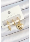 MuI MuI Pirinç Zirkon Taşlı Kalp Model Gold Renk 3lü Çift Kadın Küpe Set