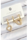 MuI MuI Pirinç Zirkon Taşlı Kalp Model Gold Renk 3lü Çift Kadın Küpe Set