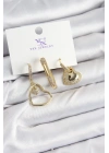 MuI MuI Pirinç Zİrkon Taşlı Kalp Model Gold Renk 3lü Kadın Küpe