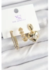 MuI MuI Pirinç Zİrkon Taşlı Kalp Model Gold Renk 3lü Kadın Küpe