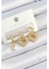 MuI MuI Pirinç Zirkon Taşlı Kare Model Gold Renk 3lü Çift Kadın Küpe Set