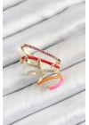 MuI MuI Pirinç Zirkon Taşlı Kırmızı Turuncu Pembe Sıkıştırma Sağ Kıkırdak Gold Renk Kadın Küpe