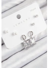 MuI MuI Pirinç Zirkon Taşlı Sallantılı Kare Model Gümüş Renk 925 Ayar Gümüş Çivi Kadın Küpe Set