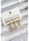 MuI MuI Pirinç Zirkon Taşlı Yıldız Model Gold Renk 3lü Çift Kadın Küpe Set