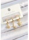 MuI MuI Pirinç Zirkon Taşlı Yıldız Model Gold Renk 3lü Çift Kadın Küpe Set