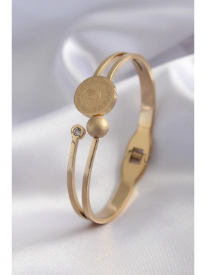 MuI MuI 316L Çelik Gold Renk Çeyrek Altın Zirkon Taş Detay Kadın Kelepçe