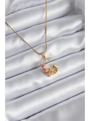 MuI MuI 316L Çelik Gold Renk Hilal Kedi Model Zirkon Taşlı Detay Kadın Kolye