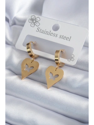 MuI MuI 316L Çelik Gold Renk Kalp Model Kelebek İşleme Kadın Küpe
