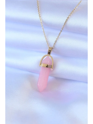 MuI MuI 316L Çelik Gold Renk Kristal Pembe Taş Model Kadın kolye