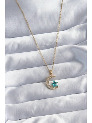 MuI MuI 316L Çelik Gold Renk Zincir Zirkon Taş Detay Hilal Yıldızı Figür Kadın Kolye