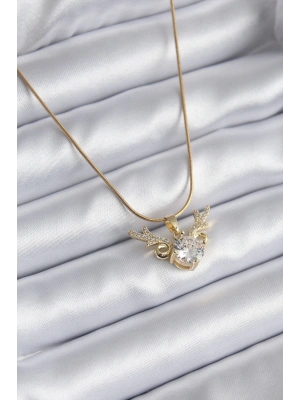 MuI MuI 316L Çelik Gold Renk Zirkon Taşlı Boynuz Model Kadın Kolye