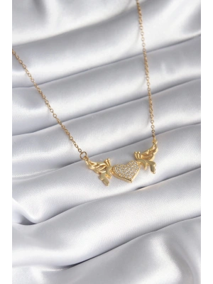 MuI MuI 316L Çelik Gold Renk Zirkon Taşlı Kanatlı Kalp Model Kadın Kolye