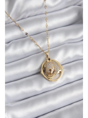 MuI MuI 316L Çelik Gold Renk Zirkon Taşlı Jaguar Model Kadın Kolye