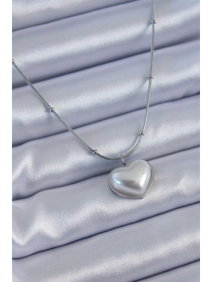 MuI MuI 316L Çelik Gümüş Renk İncili Kalp Model Minimal Top Detay Kadın Kolye