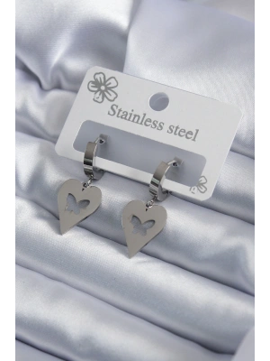 MuI MuI 316L Çelik Gümüş Renk Kalp Model Kelebek İşleme Kadın Küpe