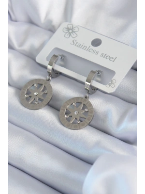 MuI MuI 316L Çelik Gümüş Renk Kutup Yıldızı Model Zirkon Taş İşleme Detay Kadın Küpe