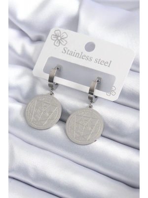 MuI MuI 316L Çelik Gümüş Renk Pentagram İşleme Model Kadın Küpe