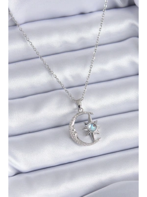 MuI MuI 316L Çelik Gümüş Renk Zirkon Taşlı Ay Yıldız Model Kadın Kolye
