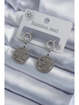 MuI MuI 316L Çelik Gümüş Renk Zirkon Taşlı Yonca Model İşleme Detay Kadın Küpe