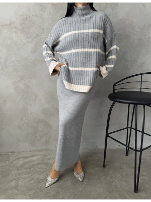 Balıkçı Yaka Etekli Triko Takım 1500 - Gri , Standart Beden (5 Adet)