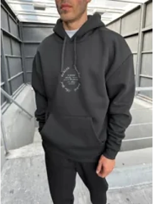City Baskılı Oversize Kapüşonlu Sweatshirt - Siyah