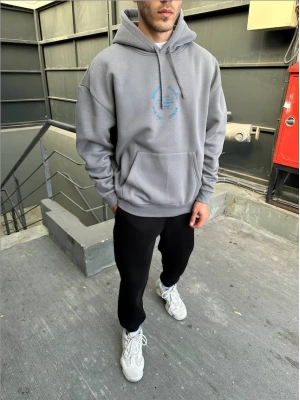 City Baskılı Oversize Kapüşonlu Sweatshirt - Grey