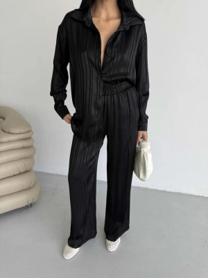 Çizgi Desen Saten Takım - Siyah