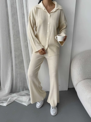 Çizgili Gündelik Zarif Tesettür Takım 1554 - Kemik