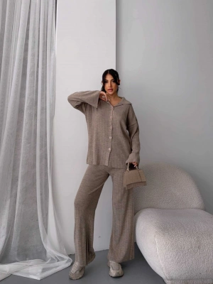 Çizgili Gündelik Zarif Tesettür Takım 1554 - Vizon