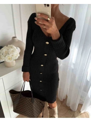 Düğme Detay Elbise 877 - Siyah