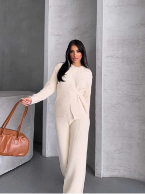 Düğme Detay Triko Takım 1565 - Kemik