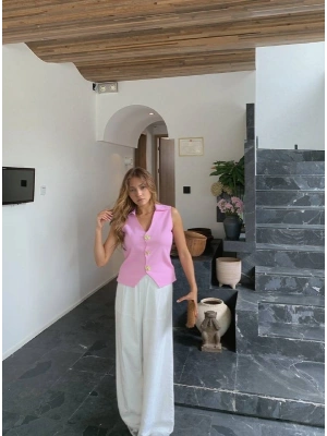 Düğme Detay Yelek 1562 - Pembe