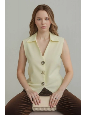 Düğme Detay Yelek 1562 - Sarı