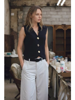 Düğme Detay Yelek 1562 - Siyah