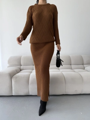 Etek Kazak Triko Takım 1558 - Kahverengi