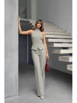 Fermuar Detay Kolsuz Çizgili Takım - Gri